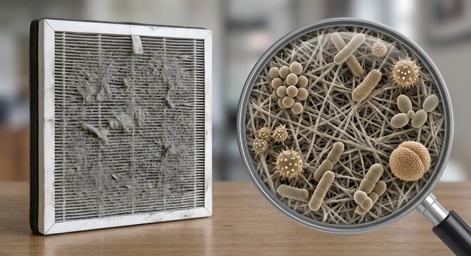 Used hepa air purifier filter with visible gray dust buildup next to a magnified view showing bacteria, fungal spores, and pollen trapped in filter fibers