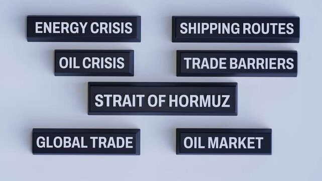 Strait of Hormuz Dark 3D Blocks Zoom Out Animation with Energy Crisis, Oil Crisis, Shipping Routes, Trade Barriers, Global Trade and Oil Market Labels on Light Background &mdash; 4K 3D Video Animation