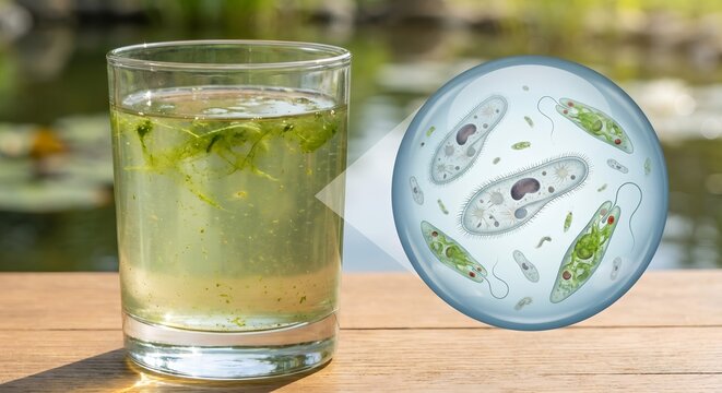 Pond water sample next to magnified paramecium (ciliated slipper shape) and euglena (flagellated with red eyespot), perfect for biology education and aquatic ecology