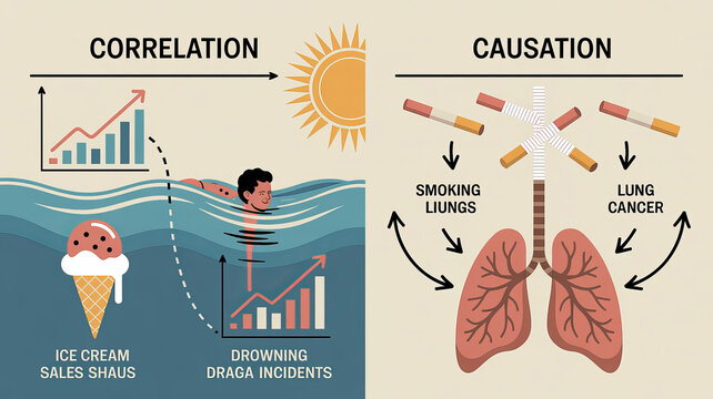 Understanding Correlation and Causation: A visual breakdown of correlation versus causation, explaining how factors may appear connected without being directly related.