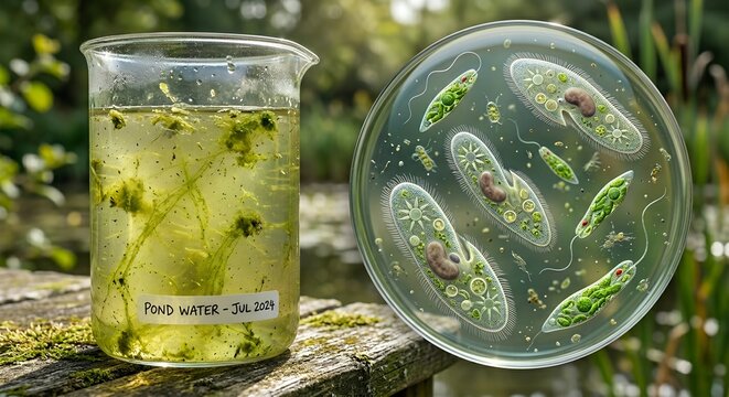 Glass of green pond water with floating algae beside a microscopic view of paramecium and euglena, representing freshwater microbiology and protist diversity