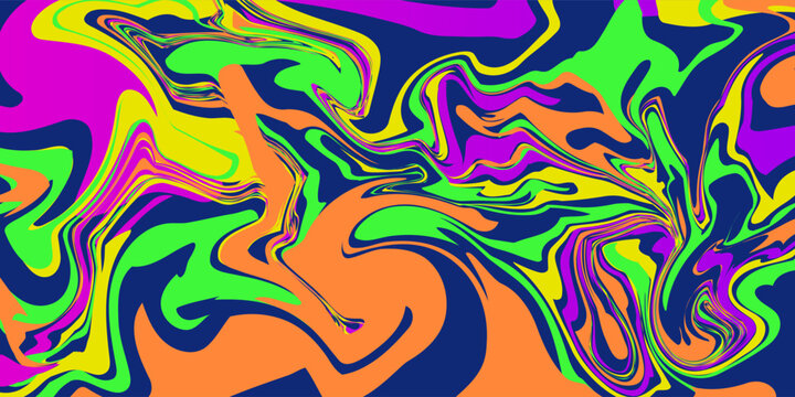 Dynamic, psychedelic background featuring a swirling pattern of bold neon shapes in green, yellow, pink, and purple on a dark blue backdrop.