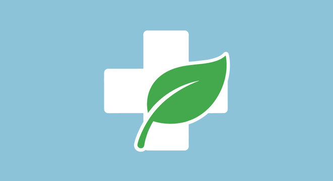 Green Leaf and Medical Cross Icon on Blue Background