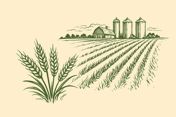 Wheat field doodle vector illustration with farm barn silos and rural harvest landscape in sketch style © Saad Hassan