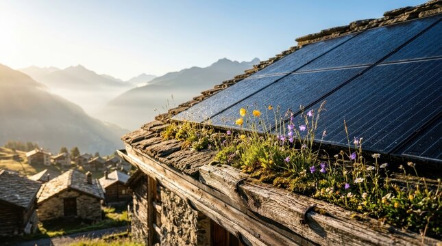 Close-up of a weathered stone cottage roof in a mountain village covered with sleek black solar panels, morning dew glistening on the surface, traditional wooden beams