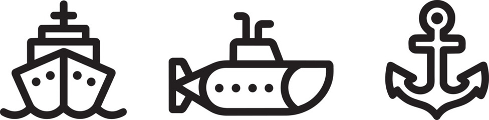 Obraz premium Ship submarine and anchor maritime icon set with minimalist black line art illustrations for sea travel