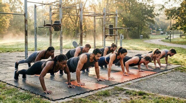 Group of diverse athletes performing synchronized push-ups on rubber outdoor gym mats, multiple torsos at various push-up stages creating dynamic rhythm, morning mist