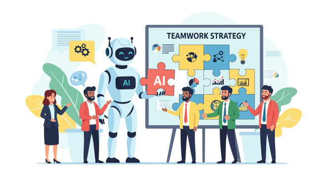 People working together with robot and AI strategy.
