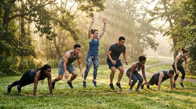 Group of diverse fitness enthusiasts performing synchronized burpees in an outdoor park setting, morning mist and sunlight creating atmospheric backdrop, multiple bodies