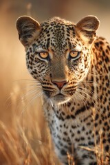 Obraz premium Leopard face portrait in natural habitat with direct gaze and rosette fur