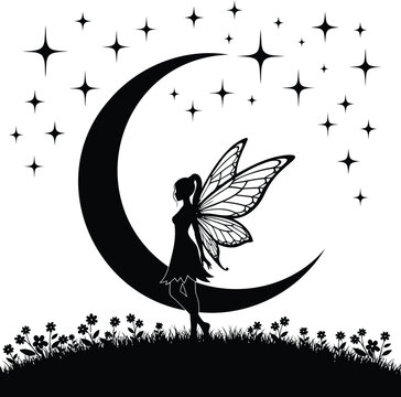 Fairy moon vector illustration with magical elf girl stars night garden grass and flowers.