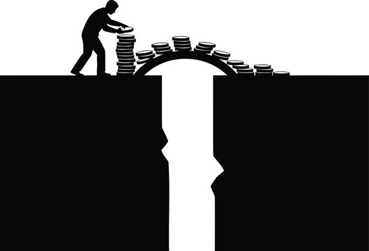 Financial bridge vector illustration building money gap crossing for business success plan.