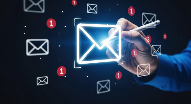 IT specialist monitors digital communication alert system, managing email notifications, real time message flow, security warnings, user interaction, system performance, network communication tracking