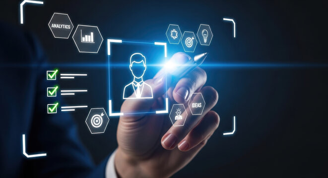HR manager utilizes digital recruitment technology, candidate selection tools, talent screening, hiring strategy, data analytics, skill assessment, workforce planning, and performance evaluation 