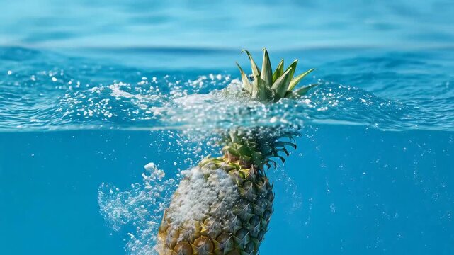 Pineapple Splashing Into Clear Blue Water Creating Ripples.