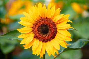 Obraz premium Bright Sunflower Blooms in a Garden During the Summer Season Near Various Green Leaves