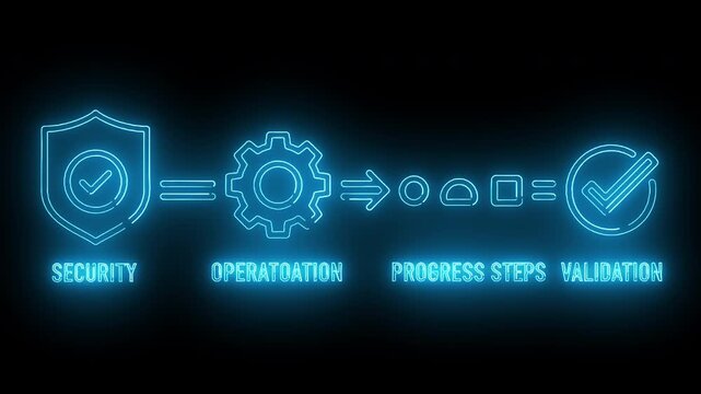 Neon-lit diagram illustrating a process from security to validation on a black background with blue glowing icons and text.