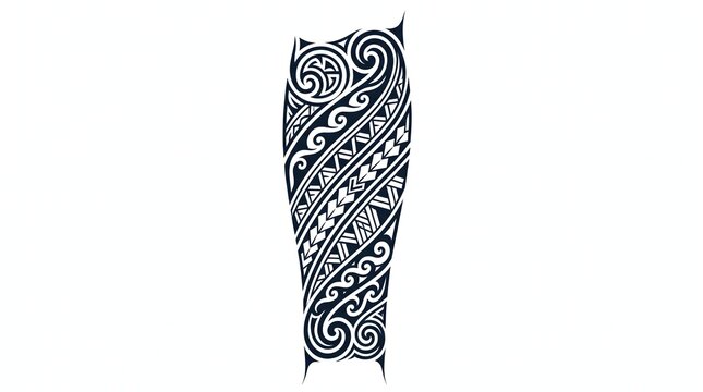 Intricate tribal forearm tattoo design featuring bold black ink geometric patterns and swirling motifs on a white background