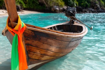 Obraz premium Boats in Water With Colored Ribbons at Sunrise in a Tropical Location