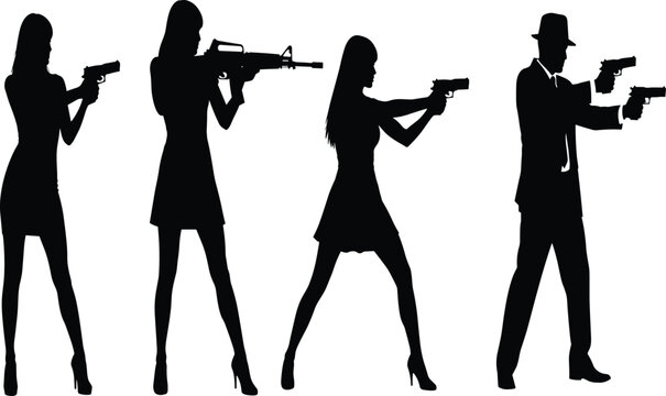 Gun silhouette collection, people holding firearms, pistol vector artwork, rifle illustration design, dramatic pose silhouettes, black and white weapon art