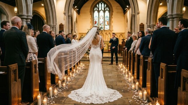 Bride walking down aisle toward groom, flowing white dress with train trailing behind creating movement and drama, candles lining the path with soft warm glow, emotional