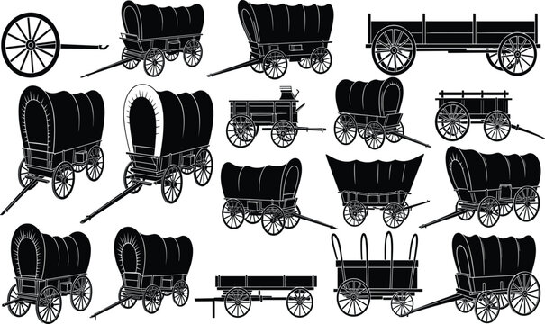 Historic wagon silhouettes, vintage cart illustration, covered wagon vector, transportation history artwork, spoked wheel design, black silhouette collection, rustic style