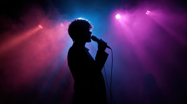 Silhouette of a singer on a dimly lit stage with a microphone, dramatic backlighting