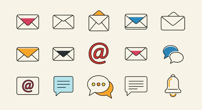 Email and Communication Icons: Envelopes, Chat Bubbles, and @ Symbol