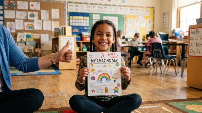 Child sitting cross-legged on a classroom floor holding up a completed artwork or test paper with both hands, beaming expression, teacher's hand visible in frame offering