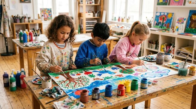 Three children hunched over a wooden craft table concentrating intently on painting a large collaborative mural, colorful paint pots and brushes within reach, their hands