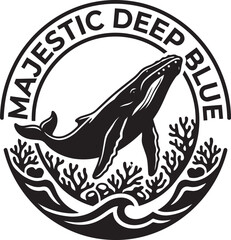 Majestic deep blue whale illustration with coral and waves in circular logo design with ocean © MOHAMMAD