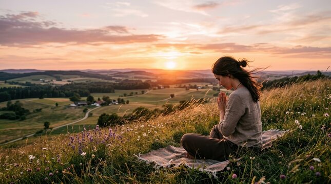 Person seated on grassy hillside during sunset, palms pressed together at chest in reverent gesture, head bowed in contemplative gratitude, warm amber light enveloping
