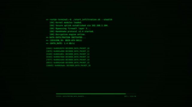 A retro computer terminal displays green text on a black background, showcasing system processes