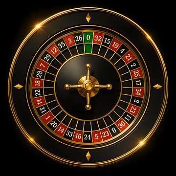 Classic Casino Roulette Wheel Top View on Black Background with Gold Accents
