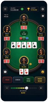 Mobile Poker Game Interface with Players Avatars and Card Table