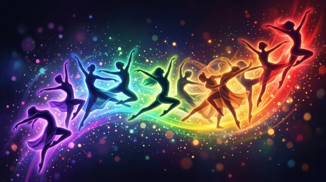 Dynamic silhouettes of dancing figures in flowing rainbow spectrum, multiple poses frozen in graceful movement creating rhythmic visual pattern, each body outlined in