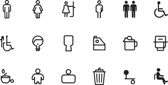 Outline Restroom Icons Set, Bathroom, WC, Shower, Accessibility Line Symbols