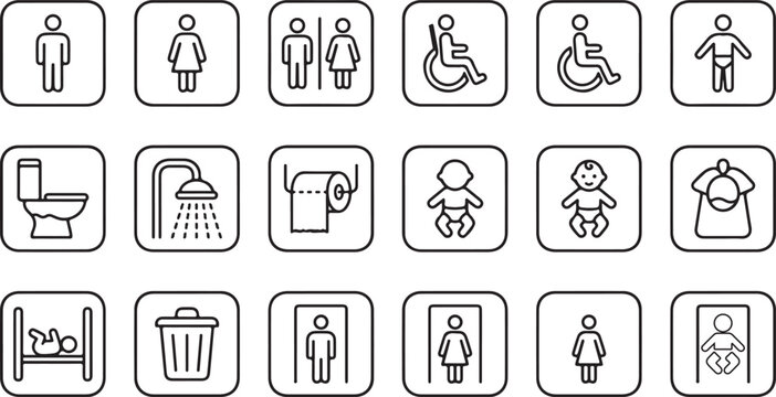 Outline Restroom Icons Set, Bathroom, WC, Shower, Accessibility Line Symbols