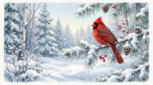 Frost-covered pine branches laden with fresh snow, delicate ice crystals catching pale winter sunlight, a cardinal perched on a branch with vibrant red plumage