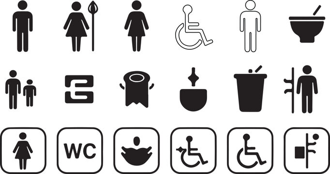 Outline Restroom Icons Set, Bathroom, WC, Shower, Accessibility Line Symbols