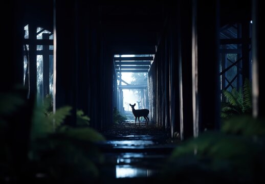 A wild deer pauses within a dimly lit, damp structure on Chilo Island, its silhouette contemplating the bright path ahead