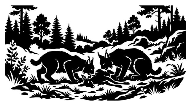 Lynx feed on a carcass in a pine forest clearing. High contrast stencil shows a tense midday atmosphere