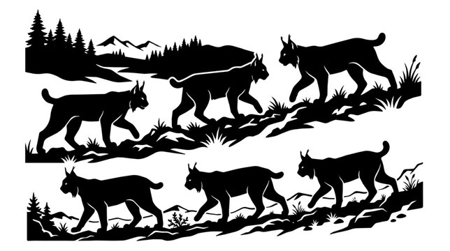 Lynx walking along a rocky ridge in a mountain forest. Multiple silhouettes traverse the slope creating a bold monochrome pattern.