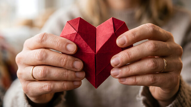 Hands holding a red origami heart, a symbol of love and affection