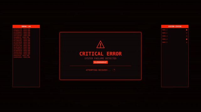 A dark interface displaying a critical error message with warning symbols and code logs