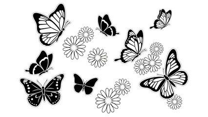 Fototapeta premium Black and white butterflies and flowers design element on white background