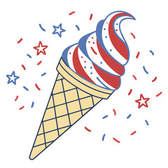 Obraz premium Patriotic Soft Serve Ice Cream Cone Vector with Red White and Blue Swirl and Stars