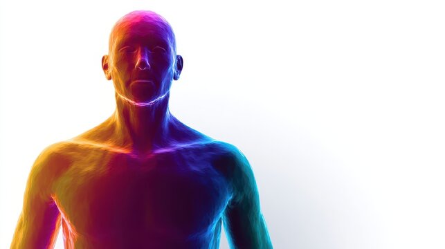 Infrared heat-map visualization of a front-facing human body in a 3D render, isolated on a white background