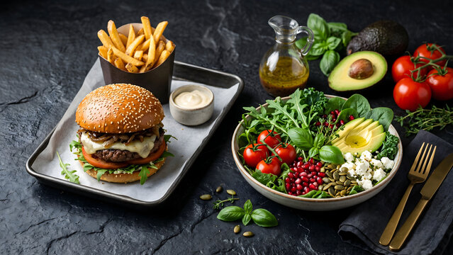 Delicious burger and fresh salad with fries, perfect for a satisfying meal