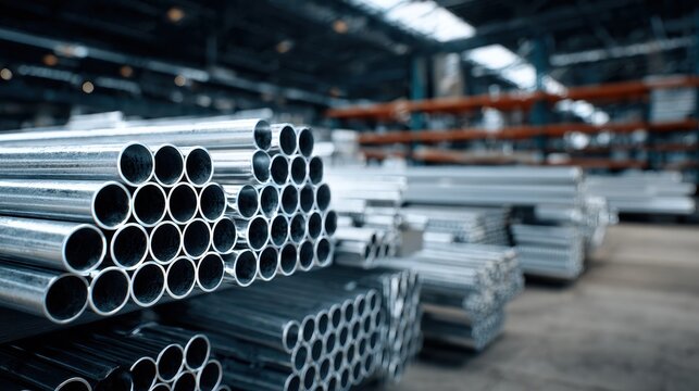 Neatly stacked galvanized steel pipes and aluminum tubes in an industrial warehouse